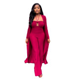 Sexy Solid Color Halter Neck Long-Sleeved Coat Jumpsuit Two-Piece Set