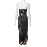 Women's Fall Casual Character Print Sleeveless Slit Strapless Long Dress