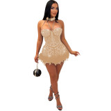Autumn And Winter Women's Beaded Sexy Mesh See-Through Feather Nightclub Jumpsuit