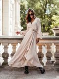 Women's Autumn And Winter Solid Color V-Neck Long-Sleeved Lace-Up Long Dress For Women