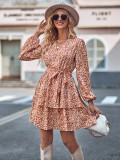 Women Casual Printed V-Neck Lace-Up Long Sleeve Dress