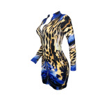 Women Autumn Leopard Print Pleated Sexy Long Sleeve Dress