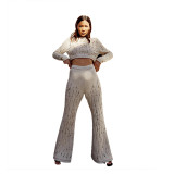 Autumn Women knitting Ripped long-sleeved Top and high-waisted straight Pant Casual two-piece set