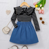 Girl Striped Turndown Collar Big Bow Long Sleeve Top and Solid Skirt Two Piece Set