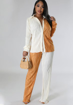 Kadın Sonbahar Colorblock Gevşek Gömlek ve Pantolon Rahat İki Parçalı Set