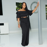 Women summer Off Shoulder ruffled Top and wide-leg Pant two-piece set