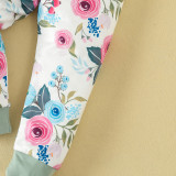 Autumn Baby Girl Ribbed Long Sleeve Printed Top Pants + Headband Three-Piece