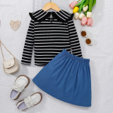 Girl Striped Turndown Collar Big Bow Long Sleeve Top and Solid Skirt Two Piece Set