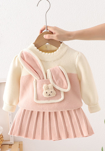 Zweiteiliges Set aus Pullover und Rock mit Cartoon-Kaninchen-Tasche für Mädchen