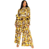 Women Lantern Long Sleeve Top and Wide Leg Pants Printed Casual Two-piece Set