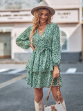 Women Casual Printed V-Neck Lace-Up Long Sleeve Dress
