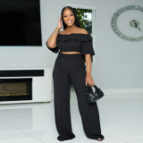 Women summer Off Shoulder ruffled Top and wide-leg Pant two-piece set