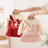 Girl Cartoon Rabbit Pocket Sweater and Skirt Two-piece Set
