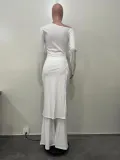 Women Solid Long Sleeve Slit Top and Pant Two Piece Set