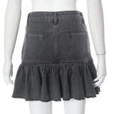 Women Autumn Solid Casual Button Zipper Denim Pleated Skirt