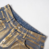 Women Autumn Solid Shiny Zipper Pocket Denim Casual Straight Pants