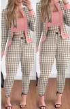 Fashionable Plaid Print Slim Fit Color Block Jacket Tight Fitting Pants Three-Piece Suit