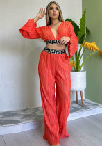 Women's Sweet Pleated V-Neck Bell Bottom Sleeve Shirt Wide Leg Pants Casual Suit