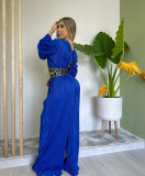 Women's Sweet Pleated V-Neck Bell Bottom Sleeve Shirt Wide Leg Pants Casual Suit