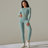 Seamless Solid Color Ribbed Zipper Long Sleeve T-Shirt Sports Fitness Pants Yoga Wear Suit