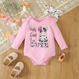 Autumn Baby Girl Cartoon Cow Print Long Sleeve Romper and Bell Bottom Pants and Headband Two-piece Set