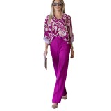 Women's Chic Suit Autumn And Winter Strip Printed Long-Sleeved Shirt High-Waisted Wide-Leg Pants Two Piece Set