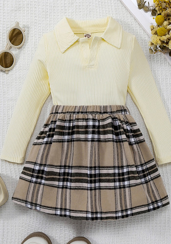 Girl Beige long-sleeved Top and plaid skirt two-piece set