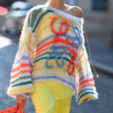 Women's Spring Rainbow Contrast Striped Sweater Women's Loose Pullover Knitting Shirt