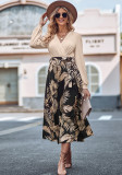 Autumn And Winter Women's Fashion Print Patchwork V-Neck Tied Long-Sleeved Casual Dress
