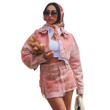 Autumn Women's Casual Cargo Contrast Color Turndown Collar Slim Denim Jacket