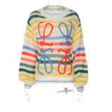 Women's Spring Rainbow Contrast Striped Sweater Women's Loose Pullover Knitting Shirt