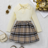 Girl Beige long-sleeved Top and plaid skirt two-piece set
