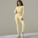 Seamless Solid Color Ribbed Zipper Long Sleeve T-Shirt Sports Fitness Pants Yoga Wear Suit