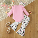 Autumn Baby Girl Cartoon Cow Print Long Sleeve Romper and Bell Bottom Pants and Headband Two-piece Set