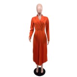 Women Solid Casual Pleated Shirt Dress