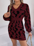 Women V-Neck Contrast Color Long Sleeve Bodycon Sweater Dress