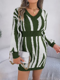 Women v-neck contrast zebra print long-sleeved Bodycon sweater dress