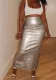 Women Autumn Solid Pu Leather Bodycon Slit Skirt