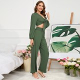 Plus Size Women High Waist Belted Long Sleeve Top + Straight Pants Two-piece Set