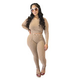 Women Sexy Ribbed Long Sleeve Top and Pant Two-piece Set