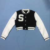 Women Solid Patchwork Letter Button Loose Baseball Jacket