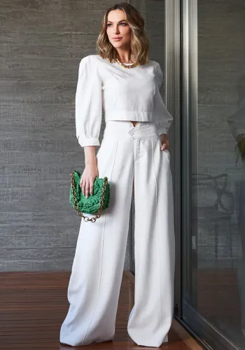 Women autumn long-sleeved Top and high-waisted wide-leg pants two-piece set