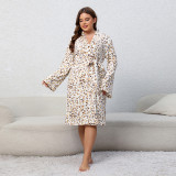 Plus Size Women Long Sleeve Lounge Wear Leopard Print Nightgown