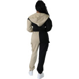 Women Colorblocked Velvet Pocket Hoodies and Pant Casual Sports Two-piece Set