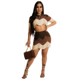Women Kintting Colorblock Crop Top and Skrit Two-piece Set