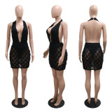 Women Clothing Wave Pattern Sexy V neck Halter Neck Bodycon Dress