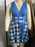 Plus Size Women Deep V Plaid Patchwork Loose Dress