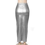 Women Autumn Solid Pu Leather Bodycon Slit Skirt
