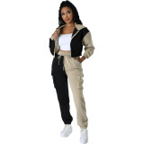 Women Colorblocked Velvet Pocket Hoodies and Pant Casual Sports Two-piece Set