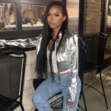 Women Pu Metallic Stand Collar Zip Jacket